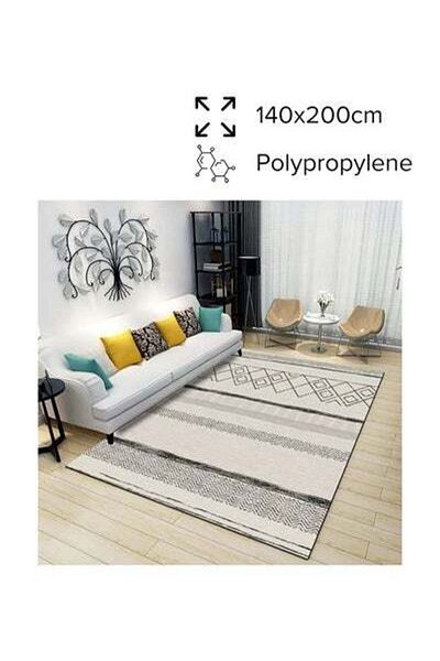 HALAMODO Warm Luxurious Modern Printed Rectangular Anti-Slip Carpet Off-White/Black 140x200cm
