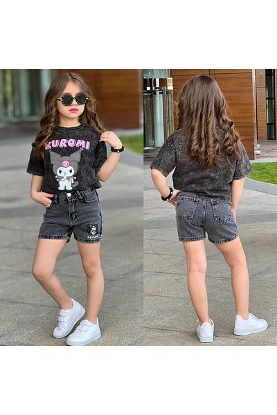 Uğur bebe Girl's Anthracite Color Kuromi Denim Shorts with Team Wash Pockets Denim Shorts Anthracite Kuromi T-Shirt