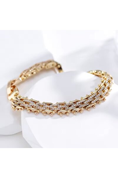 Lunays Xopıng Zirkon Taşlı Örgü Model Kadın Bileklik Renk 14 Ayar Altın