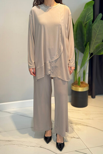 Ceremony Side and Hem Chiffon Accessory Detailed Wide Leg Sandy Suit 59101 Beige