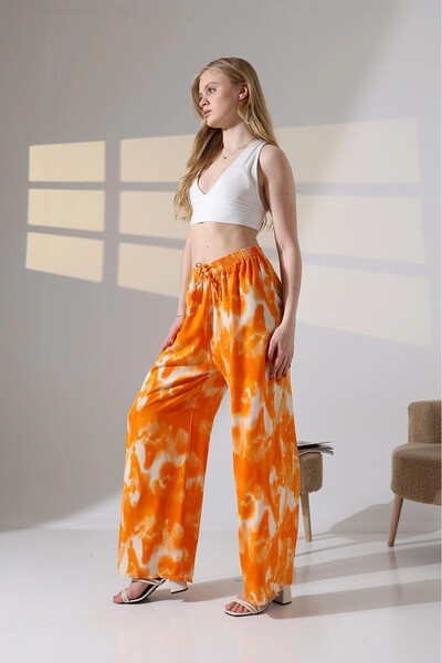 hazelin Women's Orange Patterned Elastic Waist Pocketless Loose Cut Viscose Trousers Hzl25S-Dsb17771