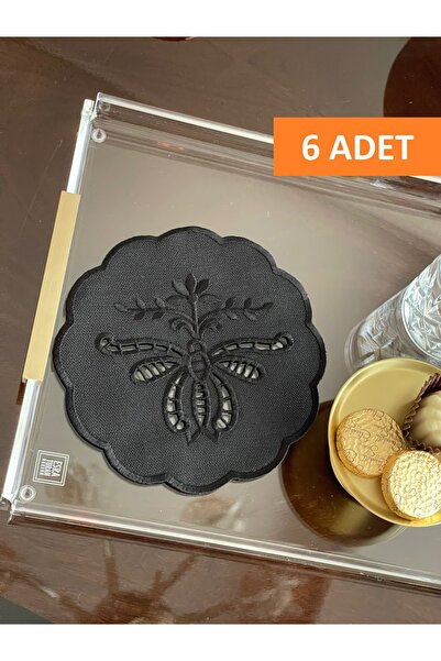 QBR Home 6'lı Set Delik İşi Nakış İşlemeli Kokteyl Sunum Peçetesi. Siyah. Kel...