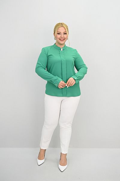 Koza Butik Women's Plus Size Judge Collar Stone Brooch Detailed Blouse 0034-25