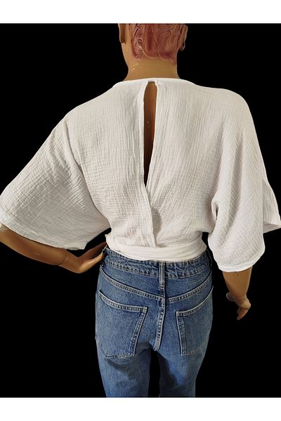 estewoman Muslin V-Neck Tie-Up Blouse