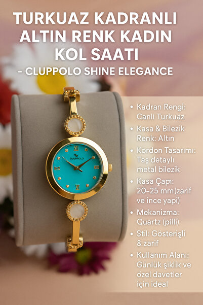 Enjoy Gold Color Women Wrist Watch with Turquoise Dial Cluppolo Shine Elegance