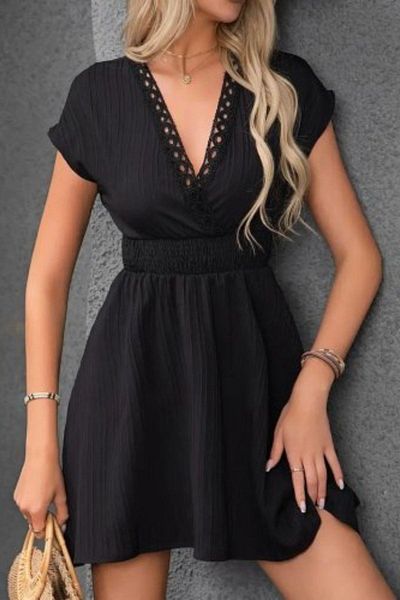 Mossta Double Breasted Collar Elastic Waist Mini Wrap Dress - Black