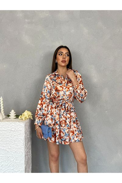Nesil Patterned Belted Satin Mini Dress