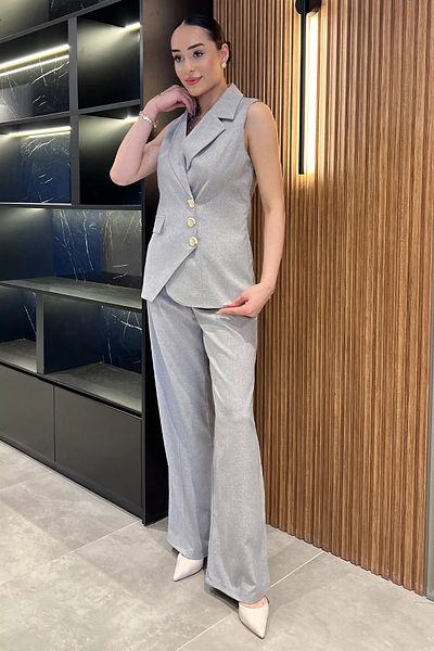 GÜLSELİ Gray Double Breasted Collar Lined Vest Trousers Double Suit