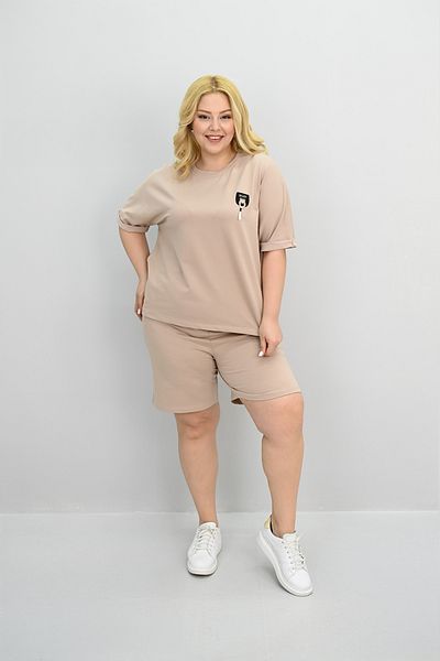 Koza Butik طقم شورت نسائي مقاس كبير بأكمام قصيرة ومزين بتفاصيل إكسسوارات 8186-25