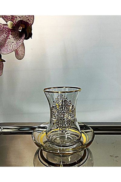 DECOSTYLE Pasabahce 12 Piece Gold Detailed Decorated Pearl Tea Set