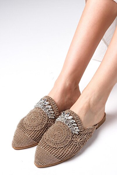 Mio Gusto Дамски ръчно плетени плоски чехли с каменна катарама в цвят норка Lisette