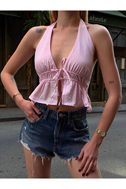 hazelin Kadın Pembe Boyundan Bağlamalı Sırtı Açık Keten Bluz HZL24S-ZK11081