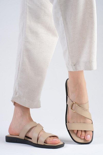 Mio Gusto Nude Colored Genuine Leather Women's Flat Slippers - Blunt Toe