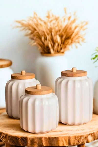 Woodcept Set of 3 Porcelain Star Model Wooden Vacuum Lid Tea, Sugar, Salt, Coffee Storage Jars