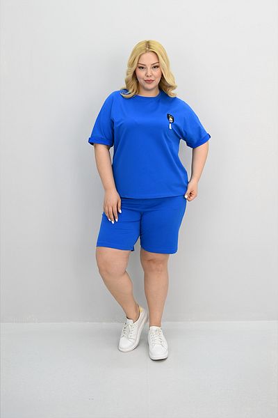Koza Butik طقم شورت نسائي مقاس كبير بأكمام قصيرة ومزين بتفاصيل إكسسوارات 8186-25