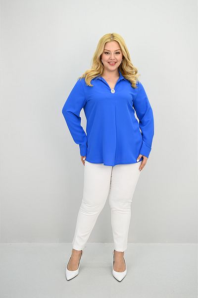 Koza Butik Women's Plus Size Shirt Collar Brooch Detailed Blouse 0032-25