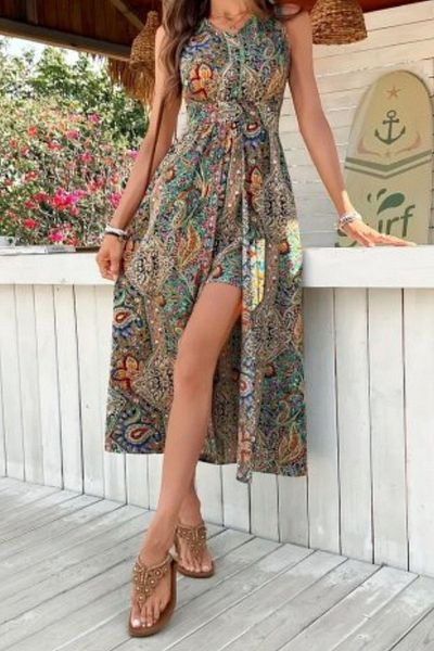 Mossta V-Neck Patterned Single Jersey Jumpsuit Dress - Patterned