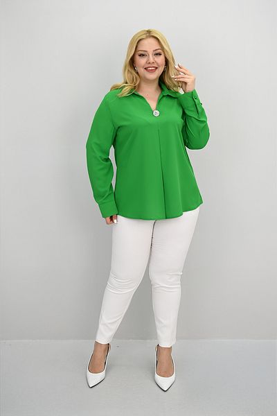 Koza Butik Women's Plus Size Shirt Collar Brooch Detailed Blouse 0032-25