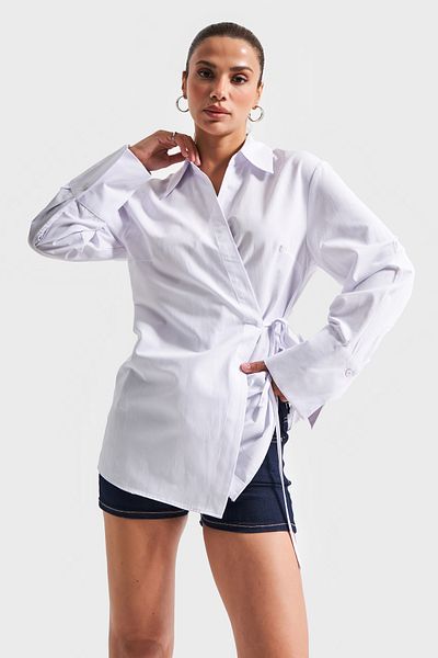 its basic Women's White Color S5-2 Side Tie Maxi Long Oversize 100% Cotton Shirt