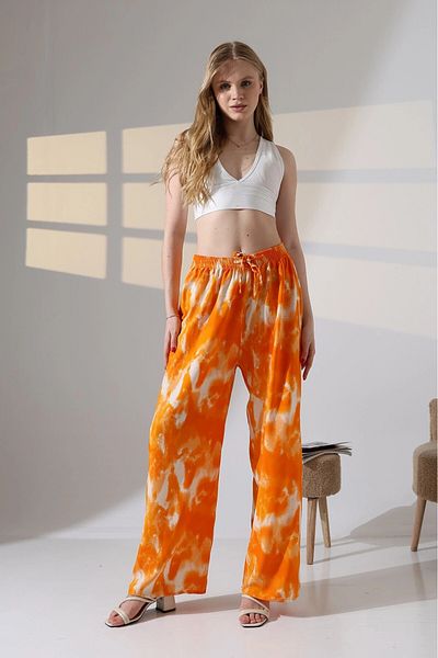 hazelin Women's Orange Patterned Elastic Waist Pocketless Loose Cut Viscose Trousers Hzl25S-Dsb17771