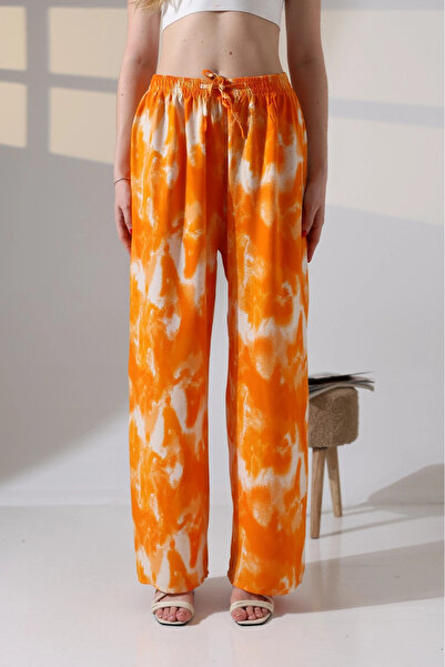 hazelin Women's Orange Patterned Elastic Waist Pocketless Loose Cut Viscose Trousers Hzl25S-Dsb17771