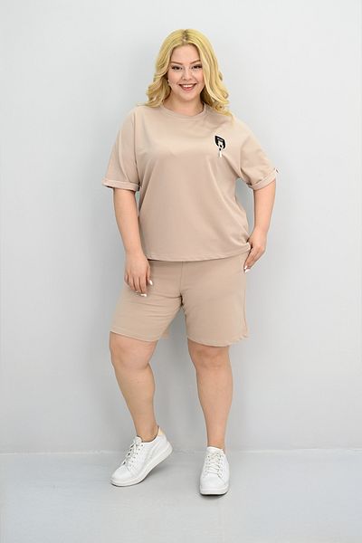 Koza Butik طقم شورت نسائي مقاس كبير بأكمام قصيرة ومزين بتفاصيل إكسسوارات 8186-25