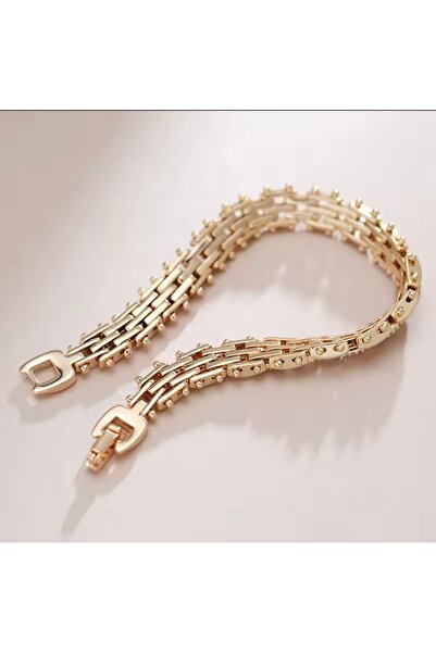 Lunays Xopıng Zirkon Taşlı Örgü Model Kadın Bileklik Renk 14 Ayar Altın