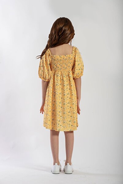 zepkids Gogsu Gıpelı Desenlı Sari Renk Kız Cocuk Elbıse