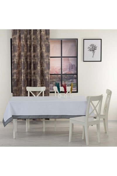 TABE Față de masă cu bordură decorativă alb-negru, 160x220cm, Tabe