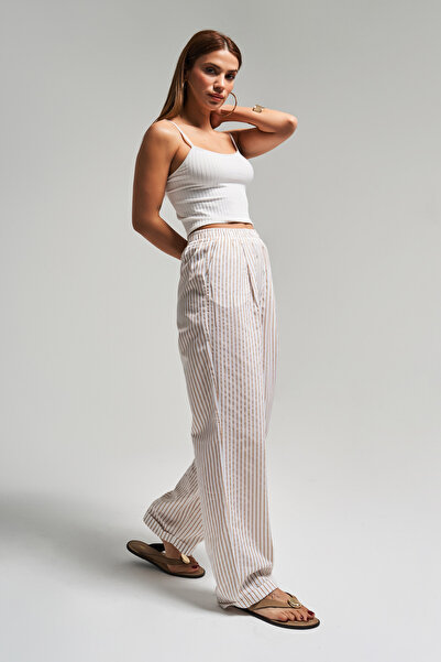 its basic Дамски панталон с еластична талия, цвят кафе екрю на райета, размер 5-57