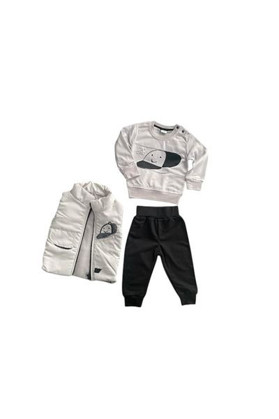 CİCİ POLO Set Bebeluși/Copii 3 Piese: Bluză, Vestă & Pantaloni - Gri & Negru, 6-9 luni