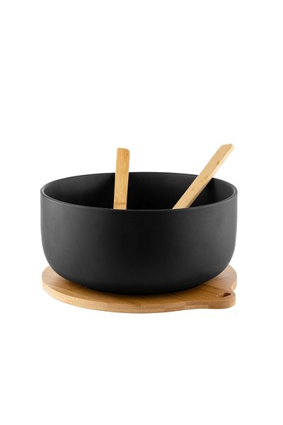 FLORINA Μπολ Adria Black, πορσελάνη, βάση από μπαμπού, σετ 2 κουταλιών, 25 x 11 εκ.