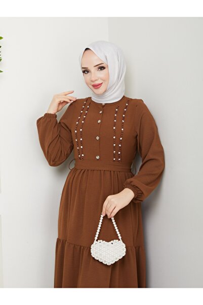 BURCU TESETTÜR Önü Düğmeli Inci Şerit Detaylı Elbise 1153