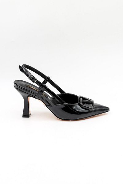 KRISTE BELL Short Heel Buckle Open Back Stiletto Kb6231 Black Patent Leather