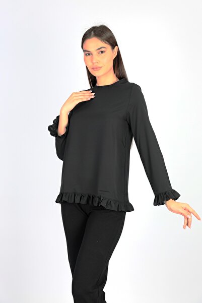 ÇELEBİ STYLE Γυναικείο μαύρο χιτζάμπ με βολάν Κομψό άνετο πουκάμισο μπλούζα τουνίκ