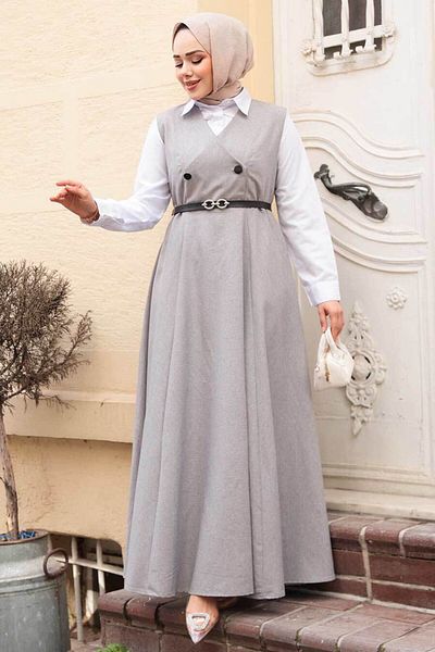 N.S NEVA STYLE Γκρι Φόρεμα Hijab Gilet 30284γρ
