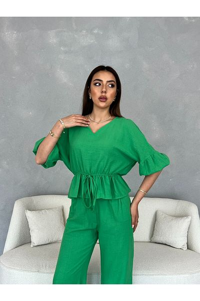 Nesil Women's Linen Suit with Pleated Pants and Half Sleeves