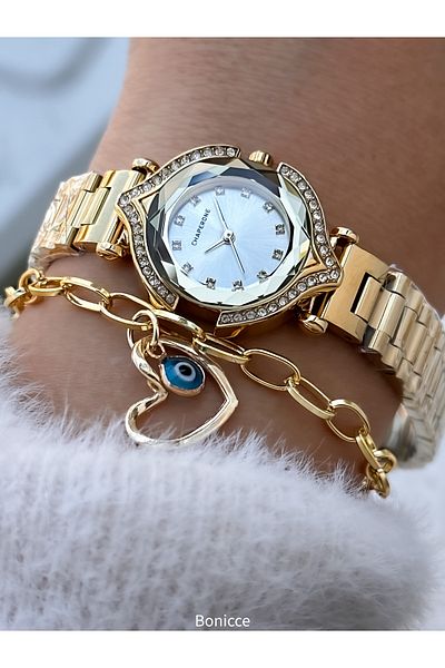 Chaperone Bridal Watch, Silver Stone, Yellow Color Steel Cord, 2 Years Warranty, Bracelet Gift