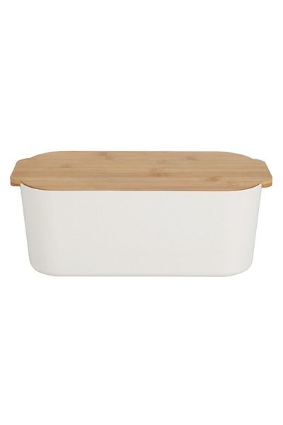Excellent Houseware Brott bread box, white, plastic, bamboo lid, 33 x 18.5 x 12 cm