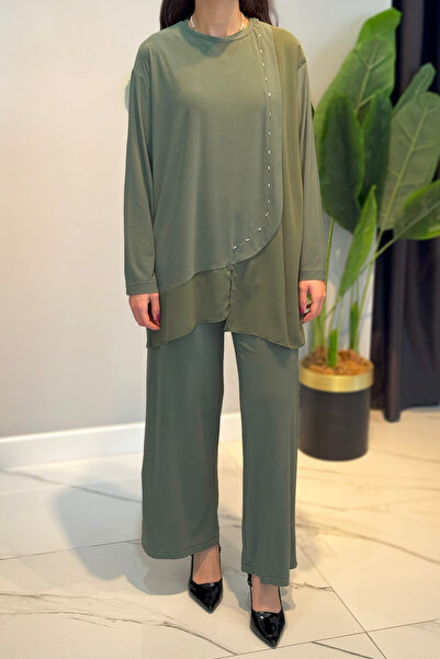 Ceremony Side and Hem Chiffon Accessory Detailed Wide Leg Sandy Suit 59101 Khaki