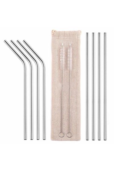 Aptel Metal drinking straw set, 8 straws and 2 brushes, silver