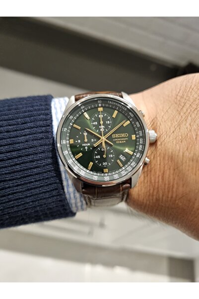 Seiko YEŞİL Kadran Takvimli Kahve Kayışlı 10 Atm Su Geçirmez Erkek Kol Saati