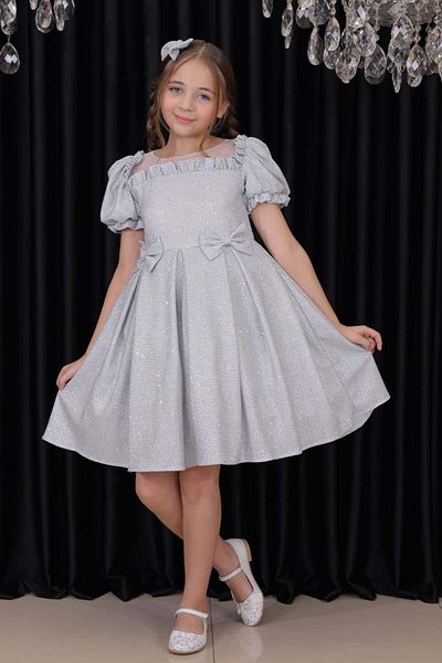 Riccotarz Girl's Square Neck Transparent Tulle Glittery Gray Evening Dress with Ruffled Shoulders and Bow Detail at the Waist