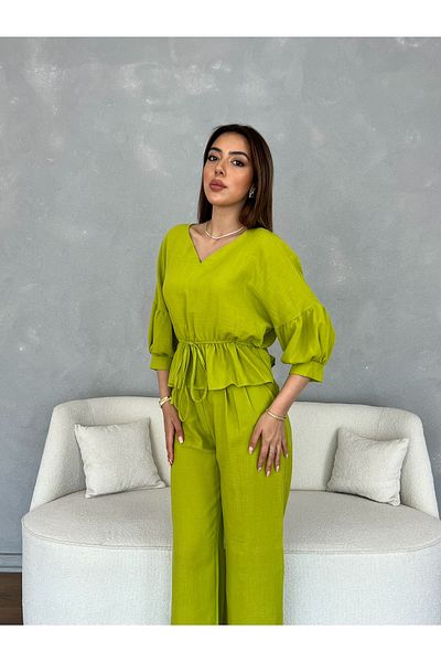 Nesil Women's Linen Suit with Pleated Pants and Half Sleeves