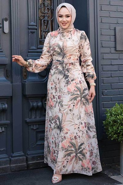 Neva Style Beige Hijab Dress with Flower Pattern 27988 Model