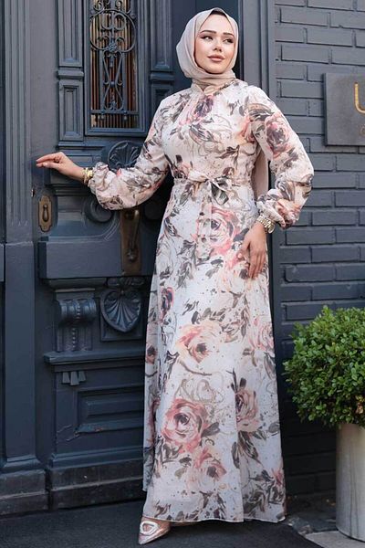 Neva Style Beige Hijab Dress, Flower Pattern 27992Bej Model