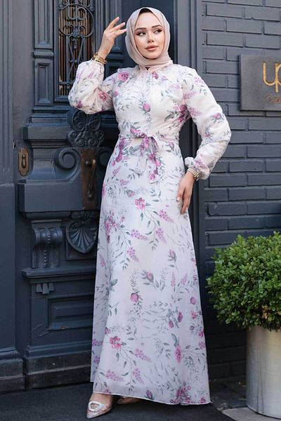 Neva Style Beige Floral Patterned Hijab Dress 27989