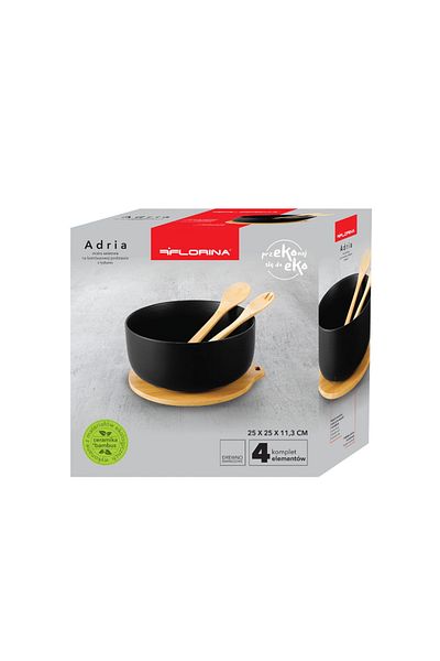 FLORINA Μπολ Adria Black, πορσελάνη, βάση από μπαμπού, σετ 2 κουταλιών, 25 x 11 εκ.