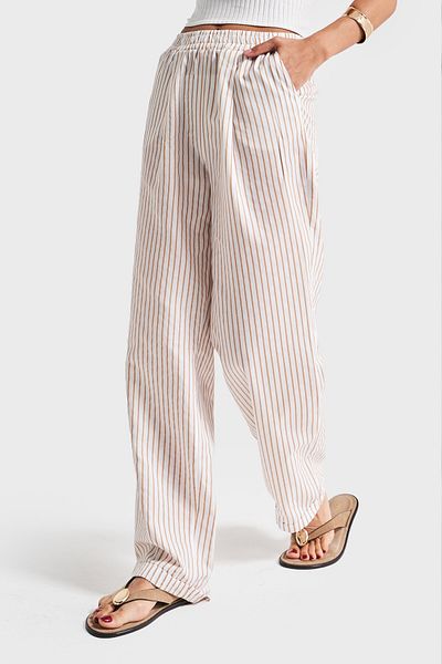 its basic Women's Coffee Ecru Striped Color S5-57 Relaxed Cut Cotton Fabric Elastic Waist Trousers