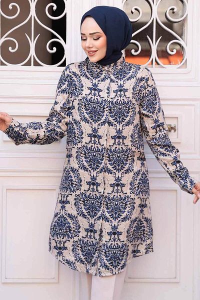 N.S NEVA STYLE Patterned Sax Blue Hijab Tunic 11737Sx